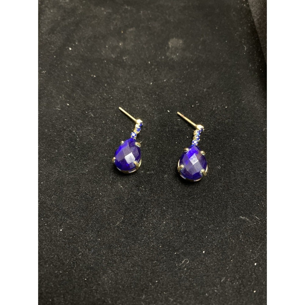 14k GF Dangle Earrings Pronged Faceted Majestic Blue Teardrop Crystal W/ Accents